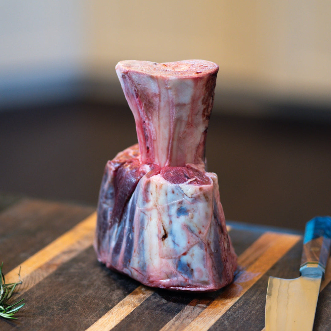 American Wagyu hammer bone shank with exposed bone and rich marbling, ideal for slow roasting or braising