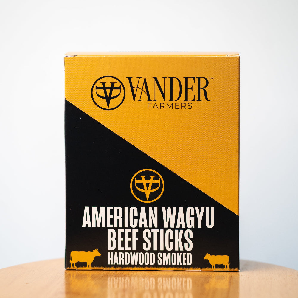 Box of Vander American Wagyu Beef Sticks on a white background