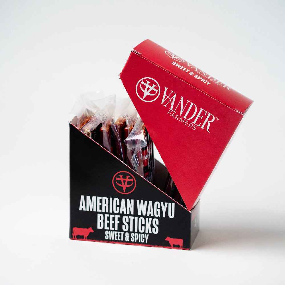 Box of Vander American Wagyu Beef Sticks on a white background
