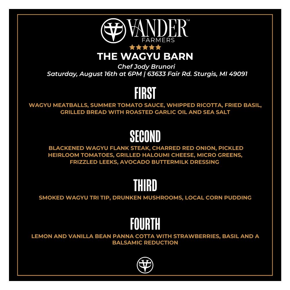 Dinner menu from Vander Farmers' The Wagyu Barn with detailed course descriptions.