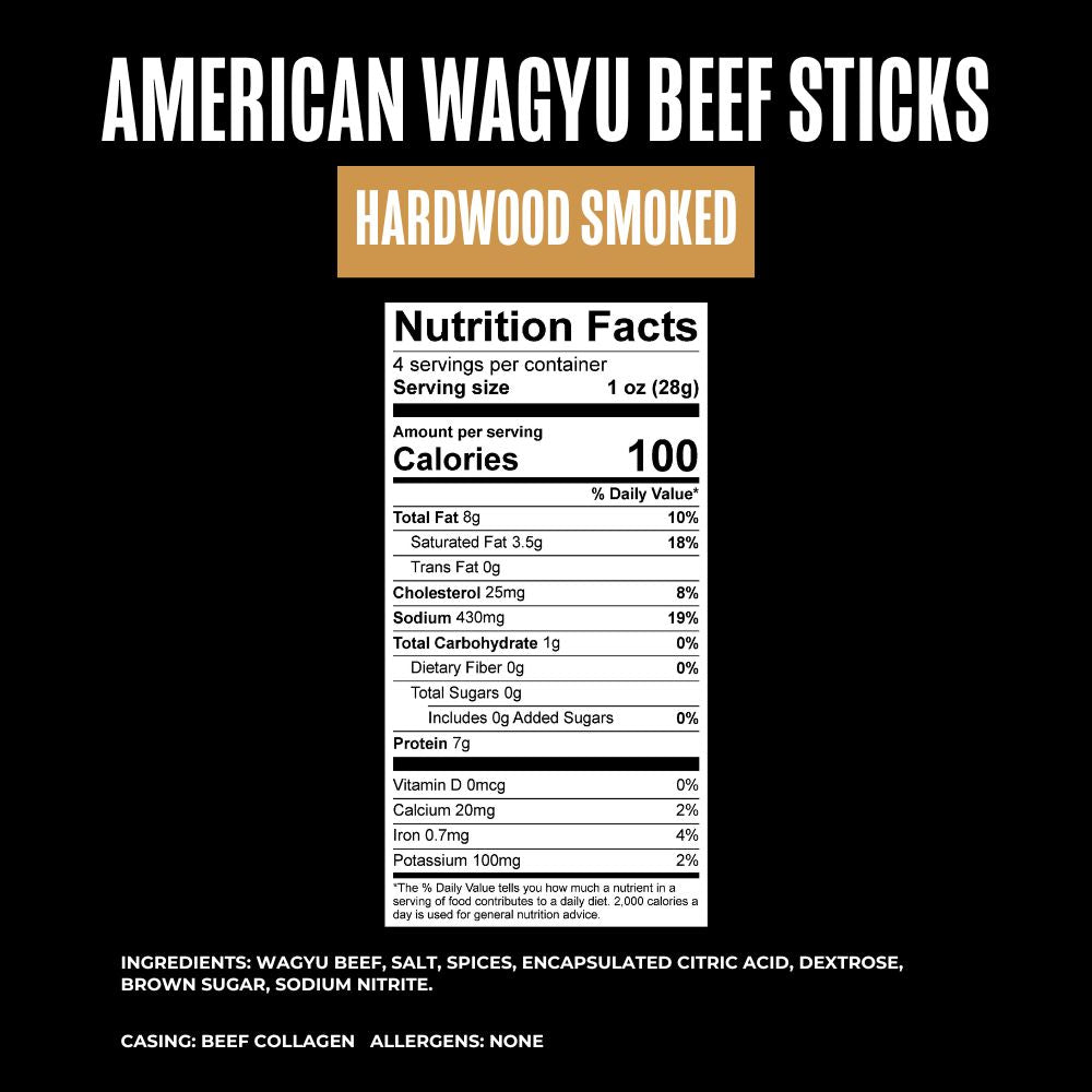 Nutrition facts label for American Wagyu Beef Sticks with hardwood smoking on a black background.