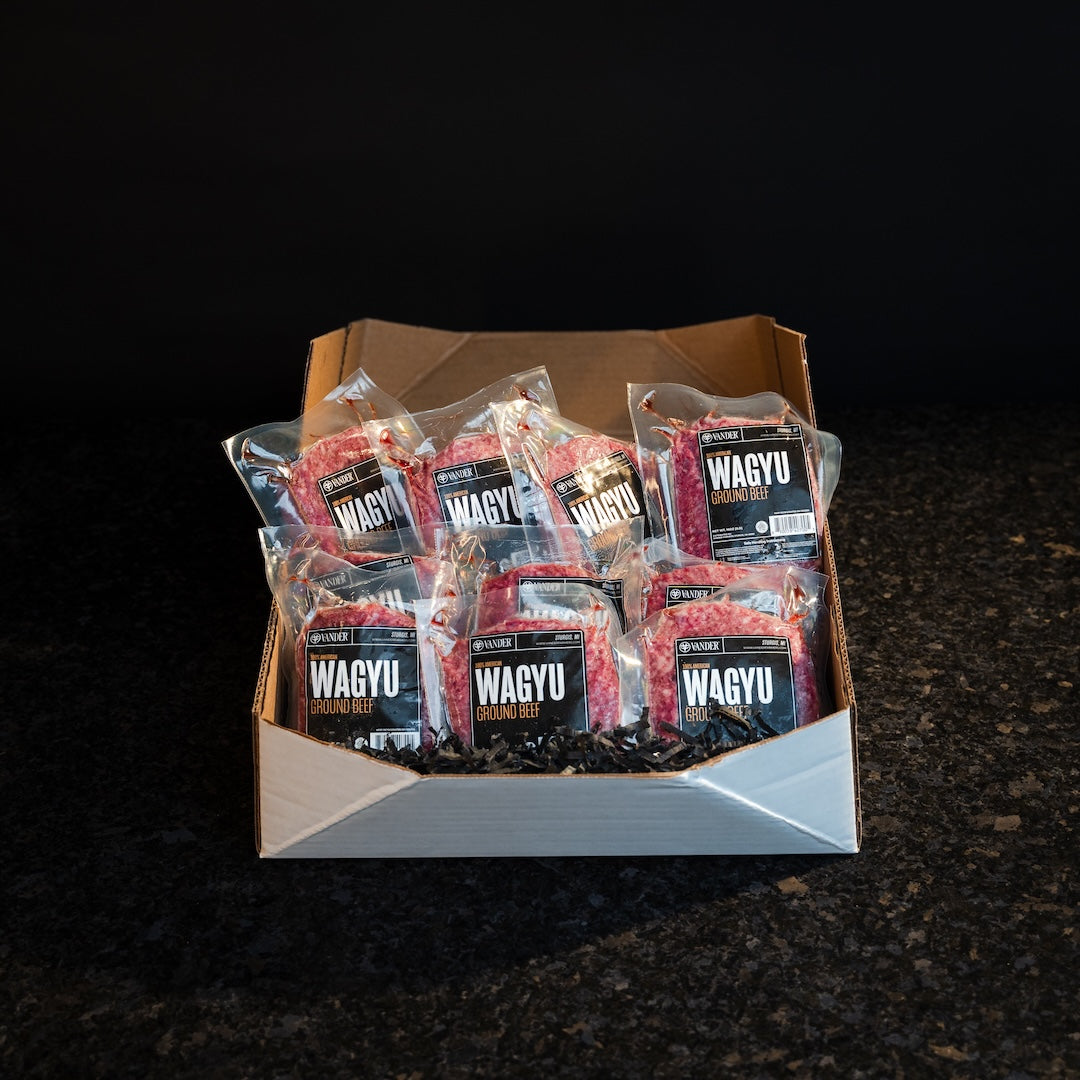 American Wagyu ground beef brick with rich marbling and bold flavor, perfect for burgers, tacos, or meatballs