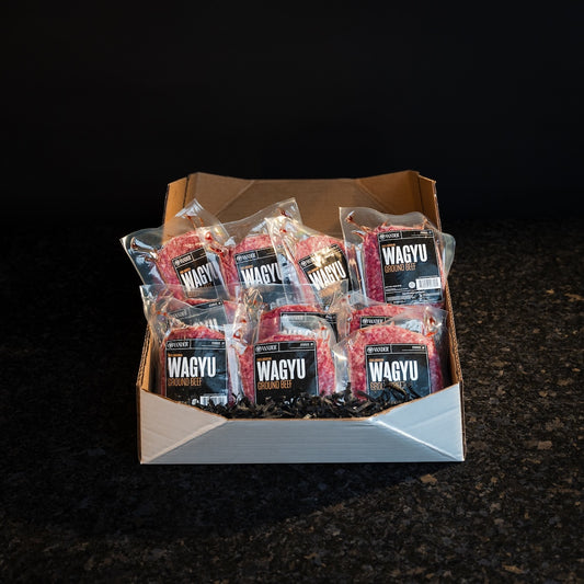 American Wagyu ground beef brick with rich marbling and bold flavor, perfect for burgers, tacos, or meatballs
