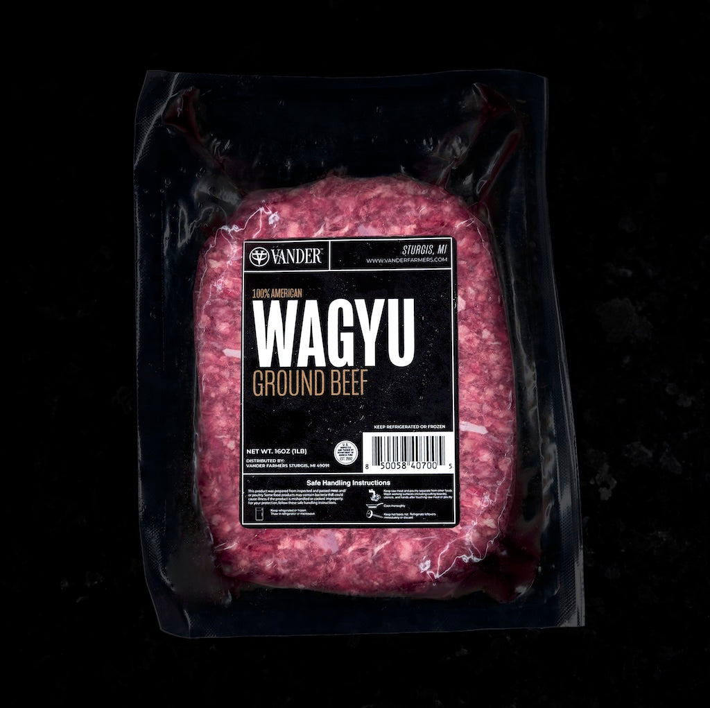 American Wagyu ground beef in brick form, rich in flavor and perfect for burgers, tacos, or pasta