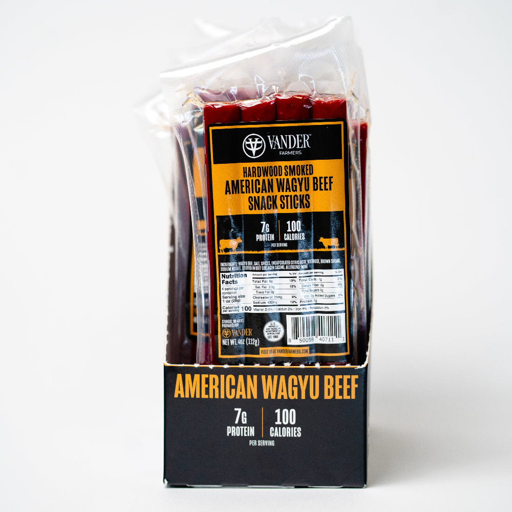 Packaged American Wagyu beef snack sticks with a clear front view on a white background