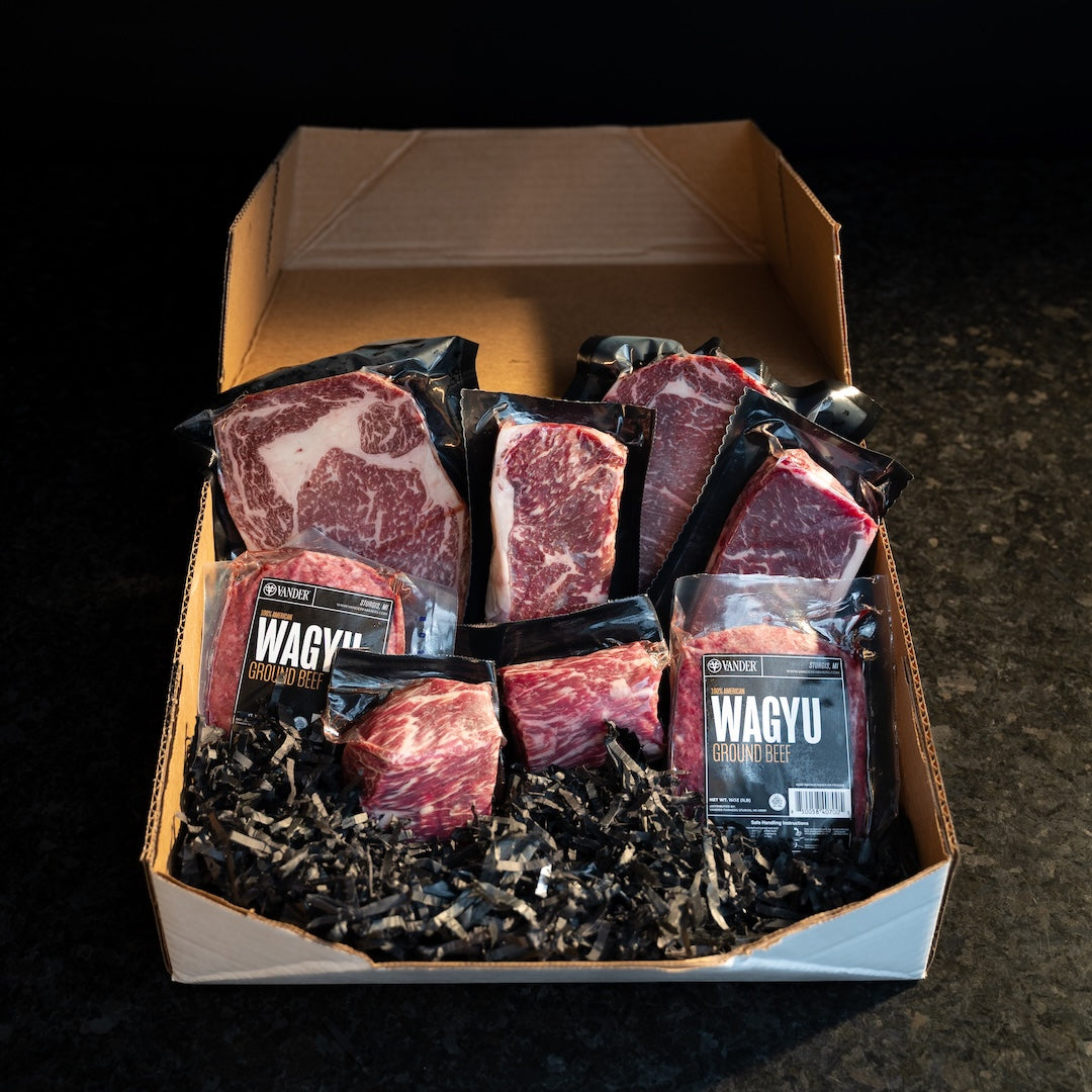 Grill Boss Box featuring 2 Wagyu Ribeyes, 2 Wagyu NY strips, 2 Wagyu Filet Mignons, and 2 Wagyu Ground Beef Bricks