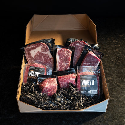 Grill Boss Box featuring 2 Wagyu Ribeyes, 2 Wagyu NY strips, 2 Wagyu Filet Mignons, and 2 Wagyu Ground Beef Bricks