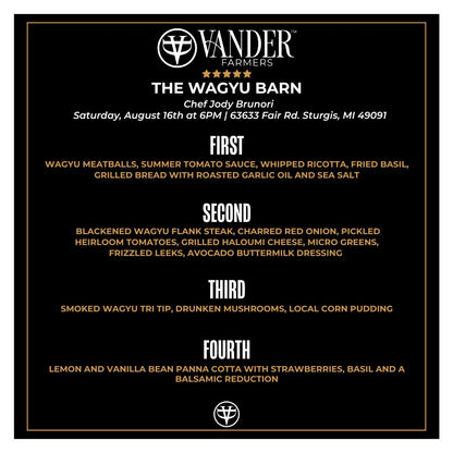 Dinner menu from Vander Farmers' The Wagyu Barn with detailed course descriptions.