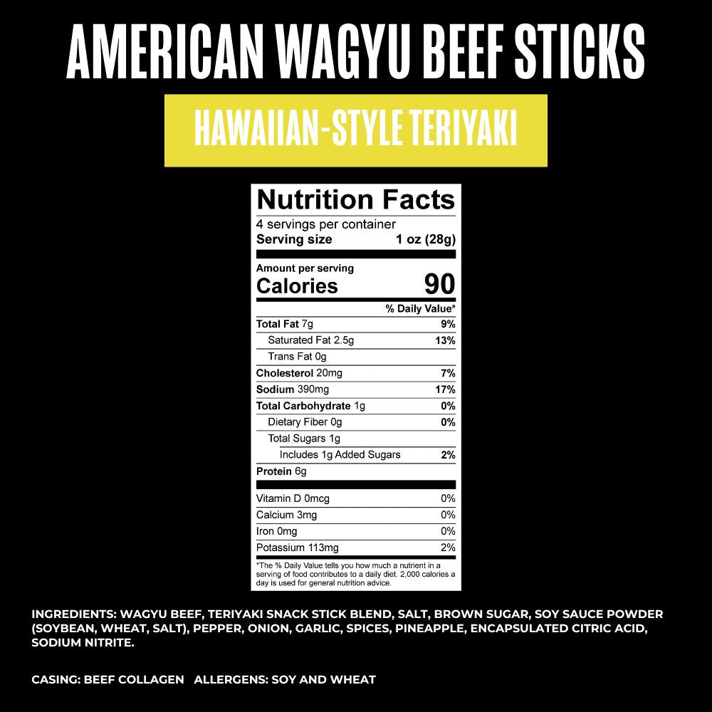 Nutrition facts label for American Wagyu Beef Sticks Hawaiian-Style Teriyaki on a black background.