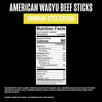 Nutrition facts label for American Wagyu Beef Sticks Hawaiian-Style Teriyaki on a black background.