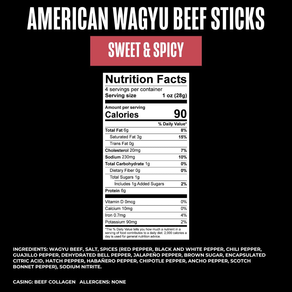 Nutrition facts label for American Wagyu Beef Sticks with sweet and spicy flavor on a black background.