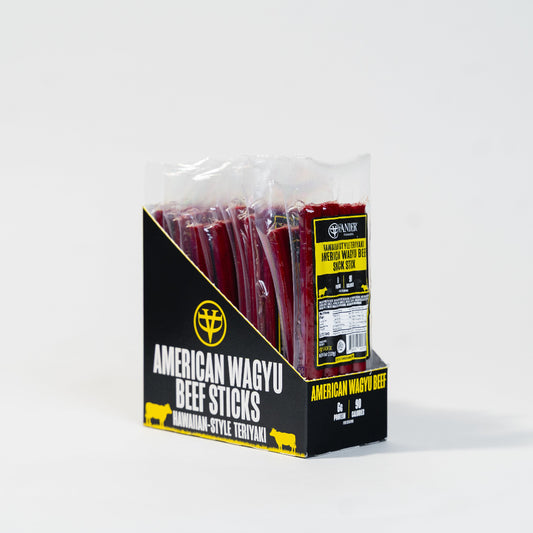Packaging of American Wagyu beef sticks with branding on a white background