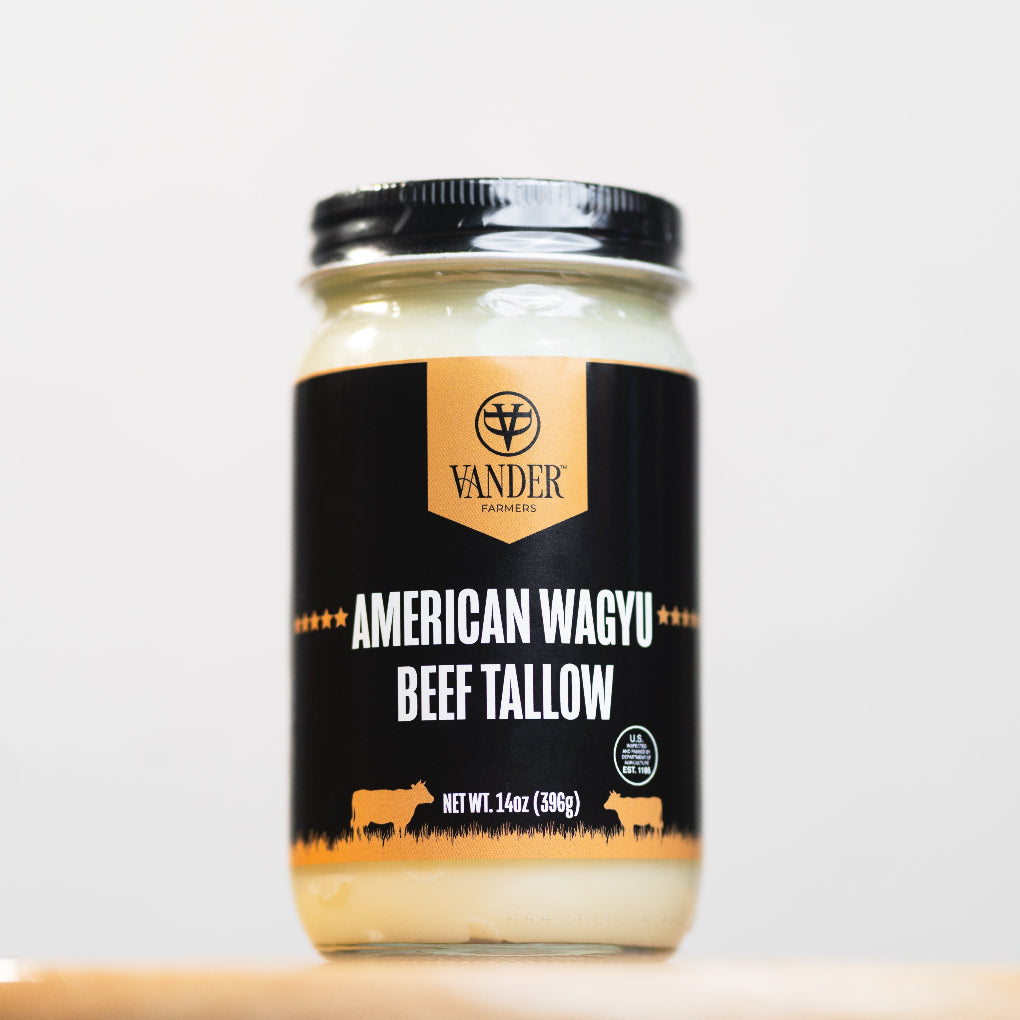 Jar of American Wagyu Beef Tallow with 'Vander' branding on a light background